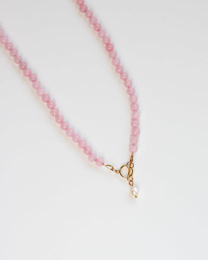 Light Pink Rose Quartz Necklace with Pearl Charm Toggle