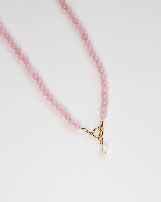 Light Pink Rose Quartz Necklace with Pearl Charm Toggle
