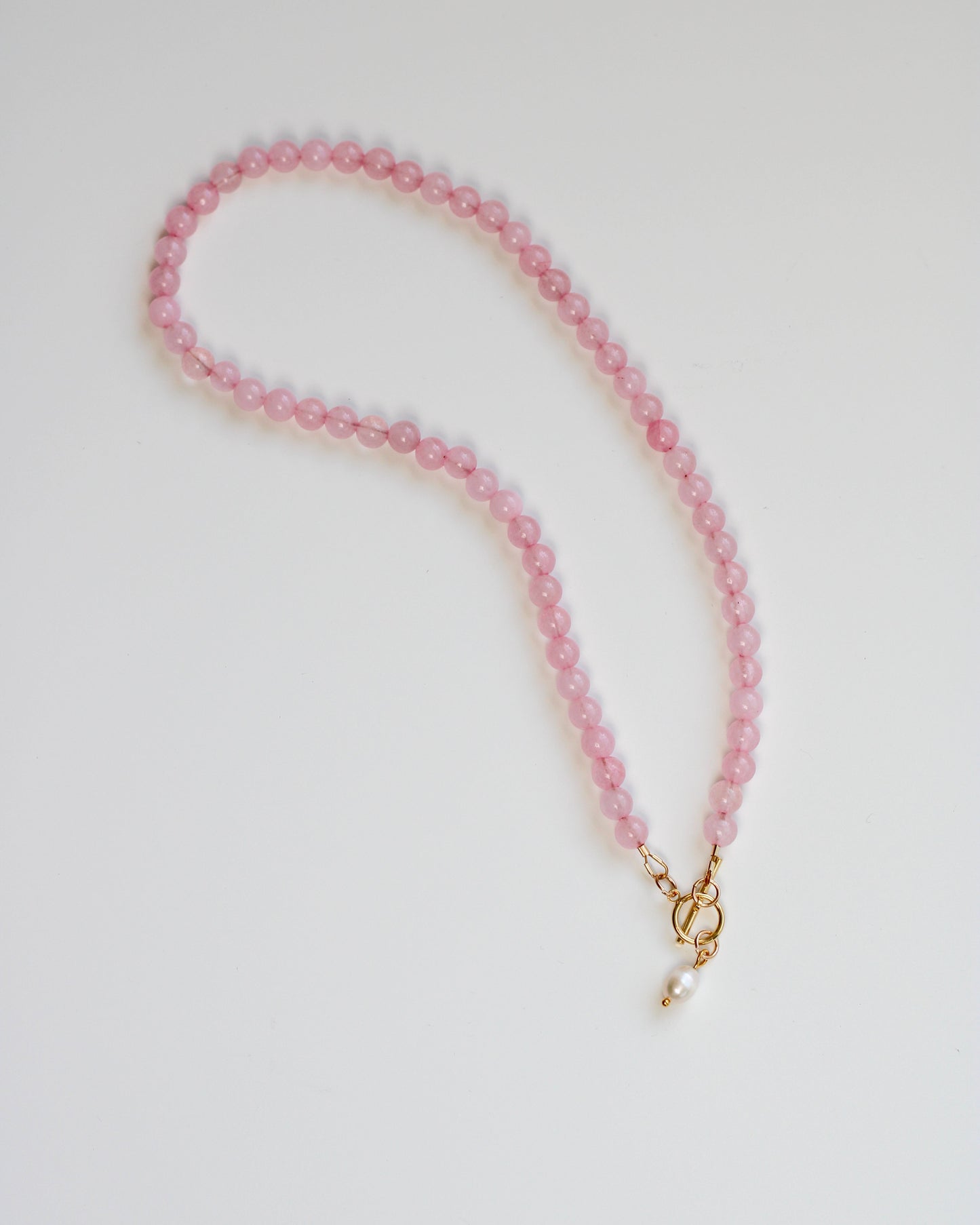 Light Pink Rose Quartz Necklace with Pearl Charm Toggle