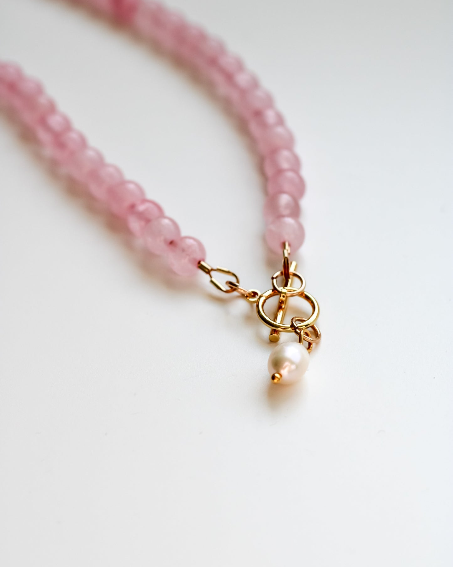 Light Pink Rose Quartz Necklace with Pearl Charm Toggle