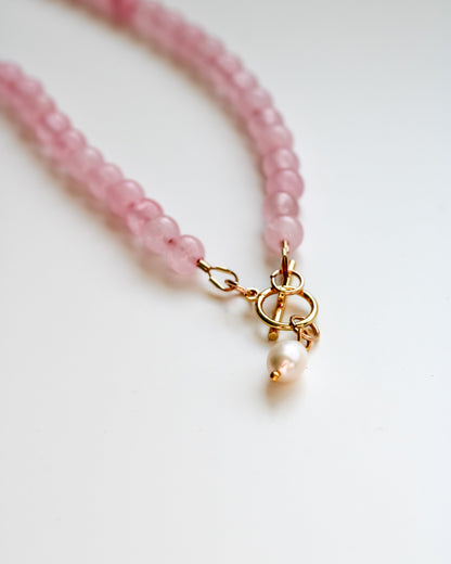 Light Pink Rose Quartz Necklace with Pearl Charm Toggle