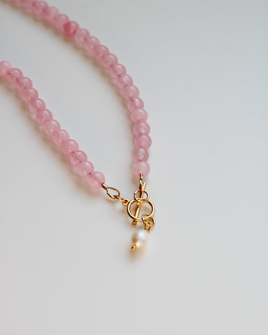 Light Pink Rose Quartz Necklace with Pearl Charm Toggle