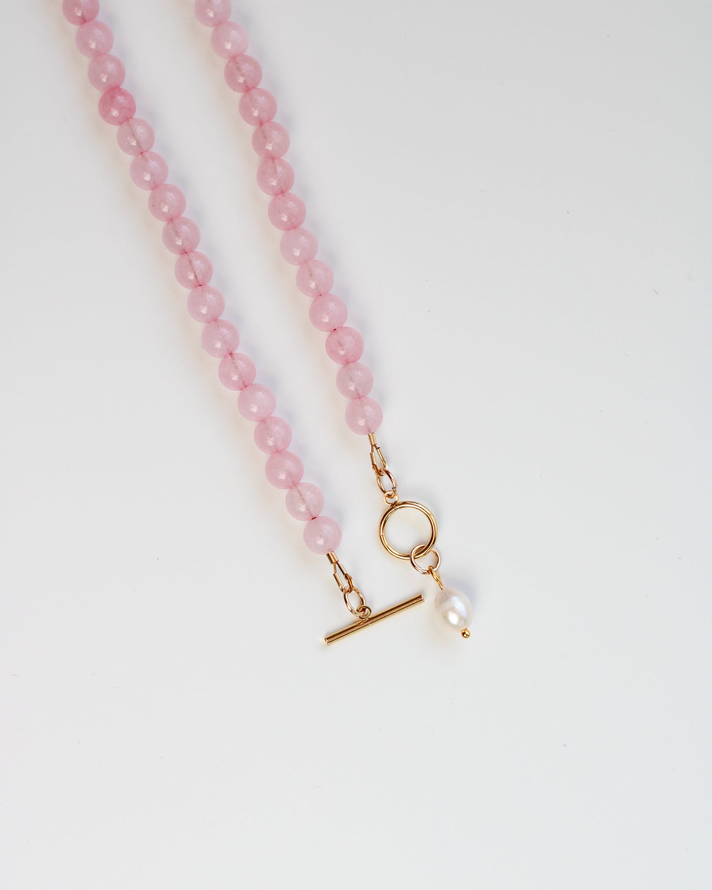 Light Pink Rose Quartz Necklace with Pearl Charm Toggle